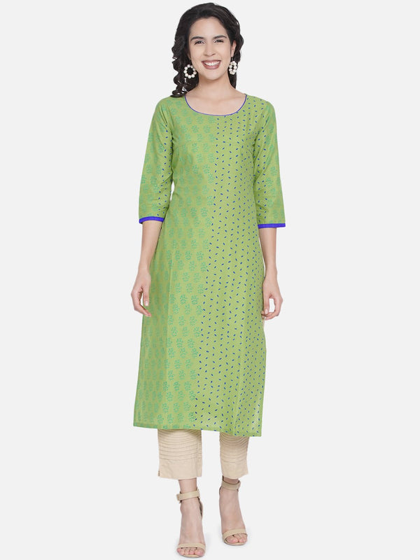 Women's Pastel Green Ajrakh Hand Block Cotton Printed Straight Kurta - Wahe-Noor