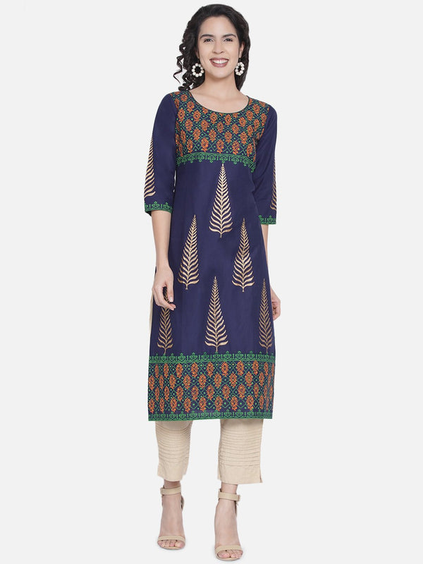 Women's Indigo And Golden Ajrakh Hand Block Cotton Printed Straight Kurta - Wahe-Noor