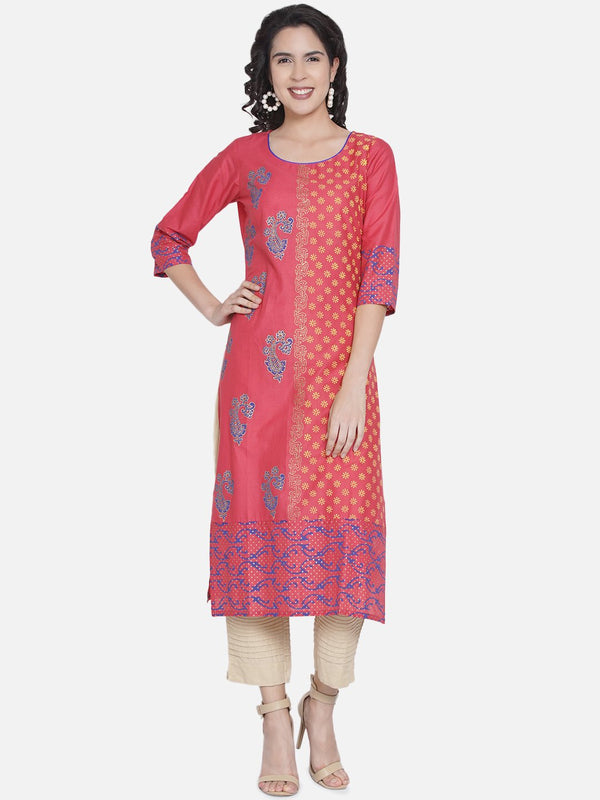 Women's Old Rose Ajrakh Hand Block Foil Printed Cotton Printed Straight Kurta - Wahe-Noor