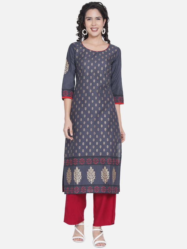 Women's Grey Ajrakh Hand Block Floral Printed Cotton Straight Kurta - Wahe-Noor