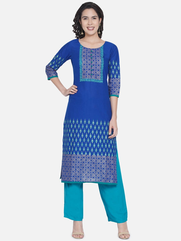 Women's Blue Ajrakh Hand Block Cotton Printed Straight Kurta - Noz2Toz