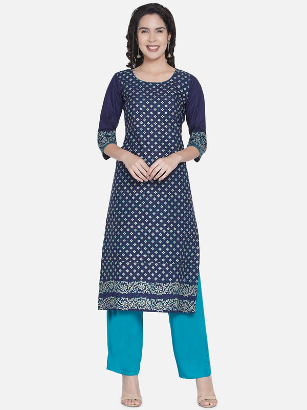 Women's Indigo And Turquoise Floral Ajrakh Hand Block Cotton Printed Straight Kurta - Wahe-Noor