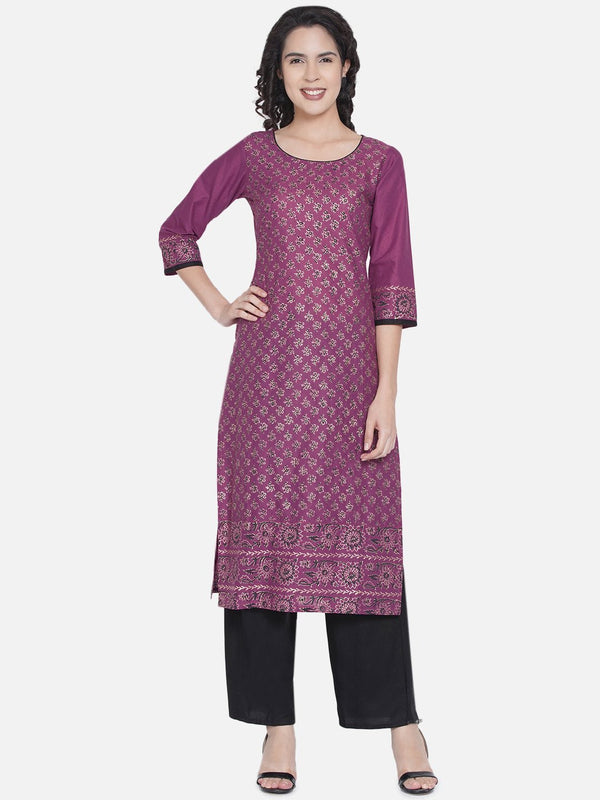 Women's Mauve Ajrakh Hand Block Cotton Printed Straight Kurta - Noz2Toz