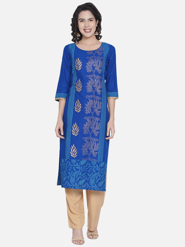 Women's Royal Blue Motifs Print Straight Cotton Kurta - Noz2Toz