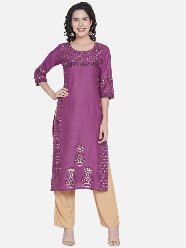 Women's Panel Illusion Mauve Cotton Kurta With Ajrakh Hand Block Print - Noz2Toz