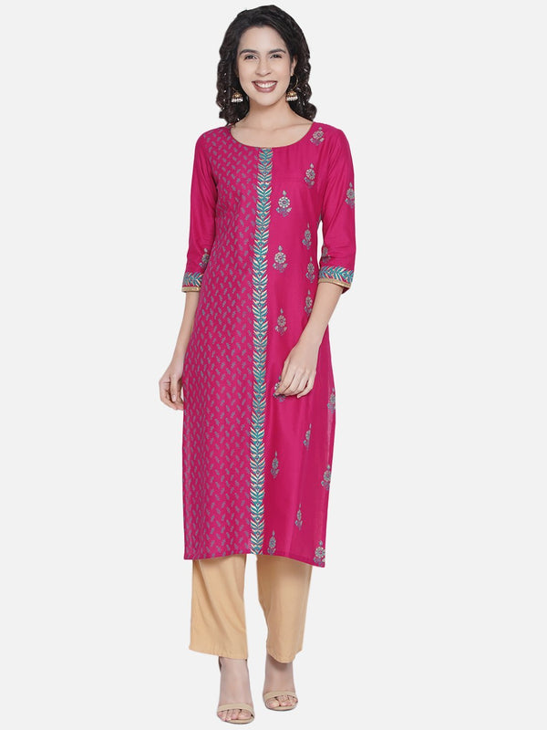 Women's Pink Floral Print Ajrakh Hand Block Cotton Printed Straight Kurta - Noz2Toz