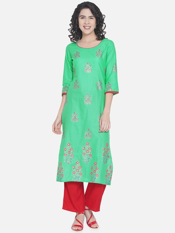 Women's Pista Green Ajrakh Hand Block Cotton Printed Straight Kurta - Noz2Toz