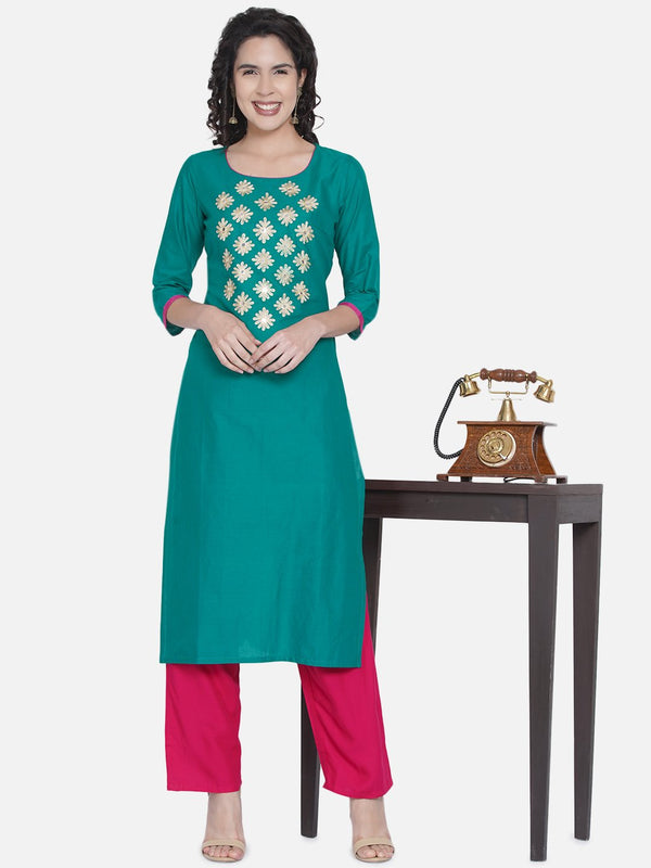 Women's Minimal Turquoise Ajrakh Hand Block Cotton Printed Straight Kurta - Wahe-Noor