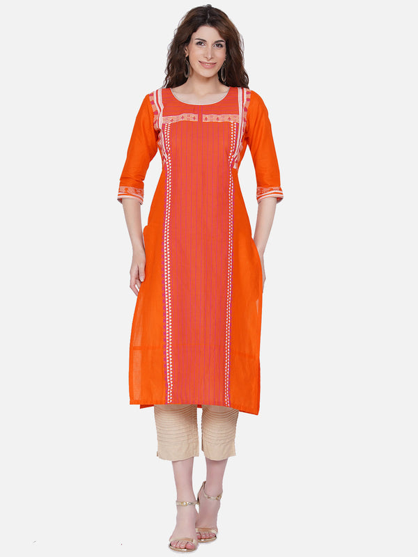 Women's Orange Printed Block Print Pure Cotton Kurta - Wahe-Noor