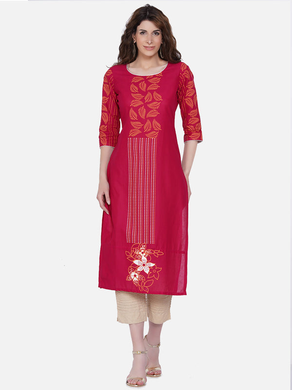 Women's Magenta Ethnic Motifs Embroidered Block Print Kurta - Wahe-Noor