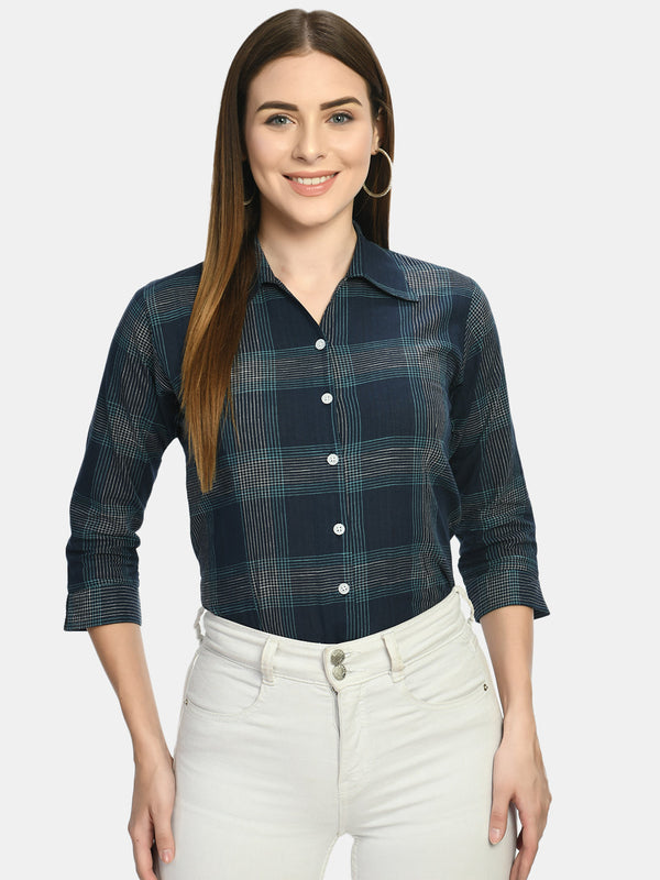 Women's Blue Slim Fit Tartan Checked Casual Shirt - Wahe-Noor