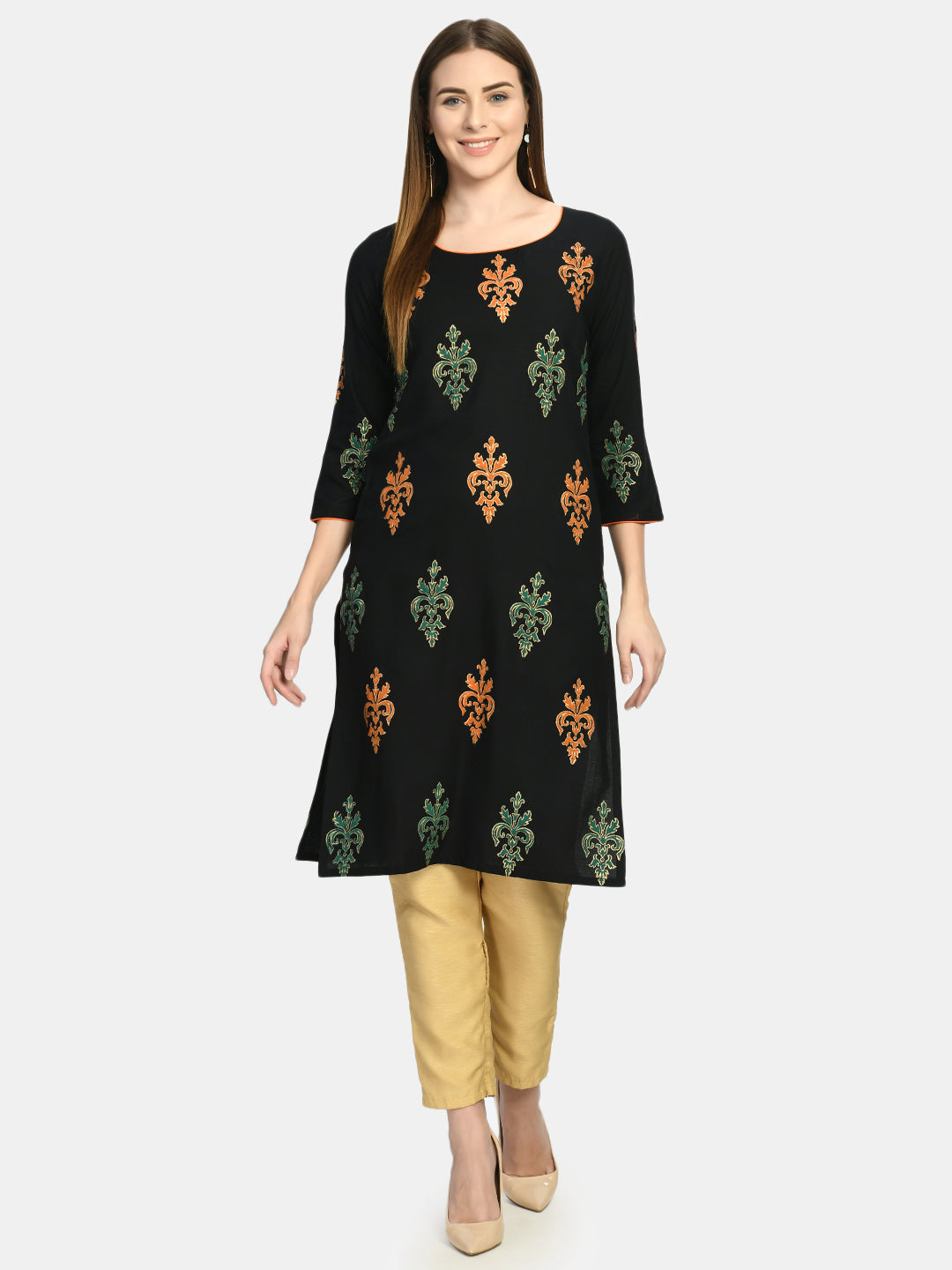 Women's Black Block Print Rayon Kurta - Noz2Toz