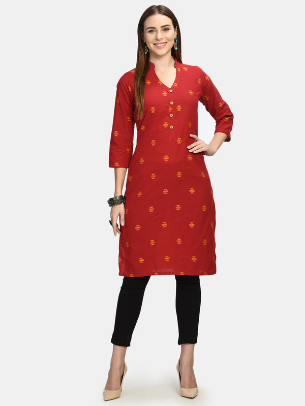 Women's Red & Yellow Ethnic Motifs Printed Thread Work Kurta - Wahe-Noor