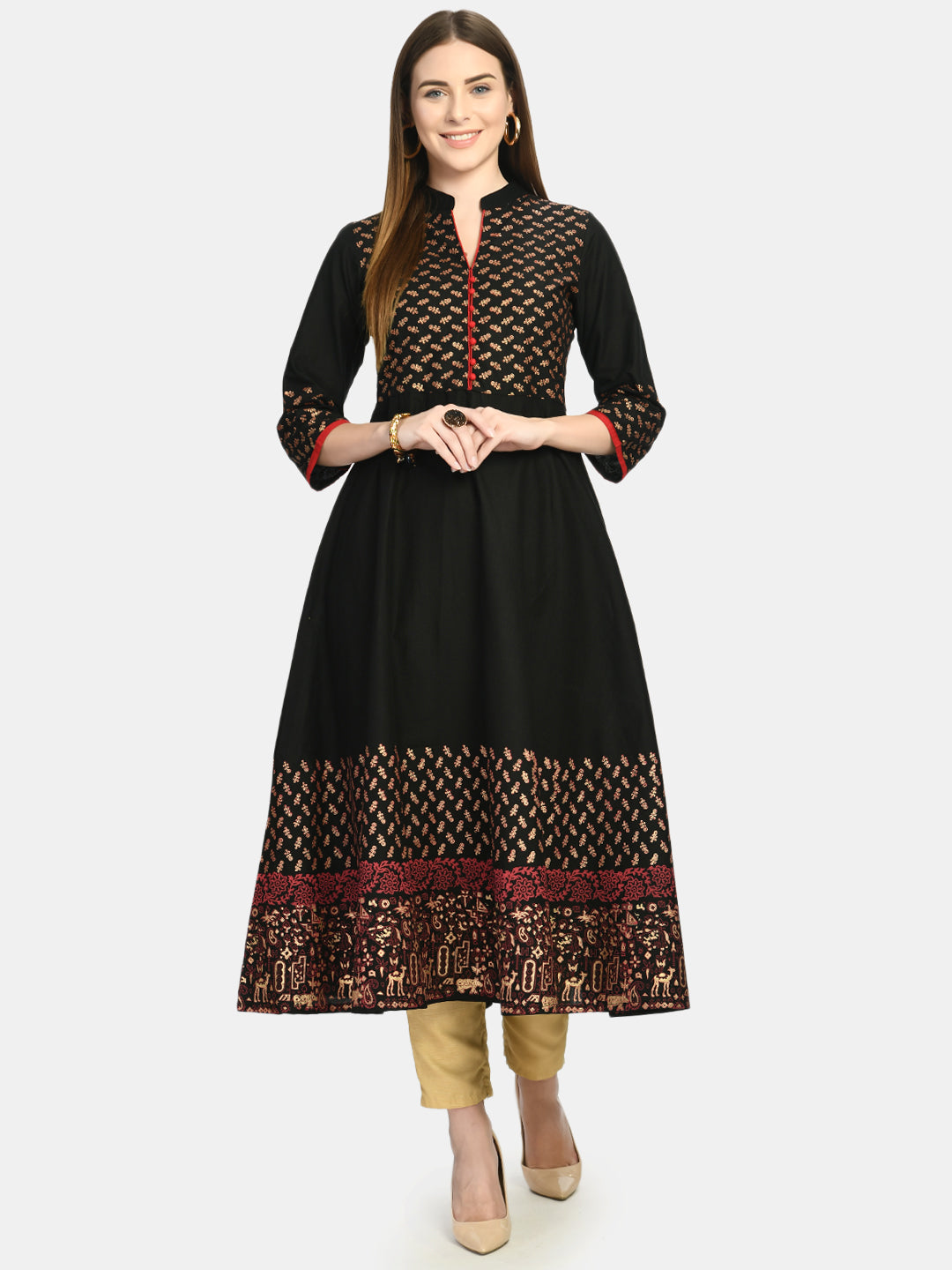 Women's Black Ethnic Motifs Yoke Design Block Print Anarkali Kurta - Noz2Toz