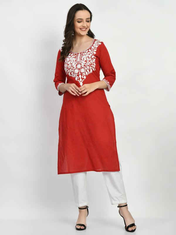 Women's Red Embroidered Kurta - Noz2Toz