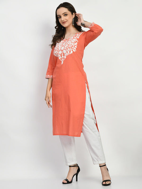 Women's Peach Embroidered Kurta - Noz2Toz