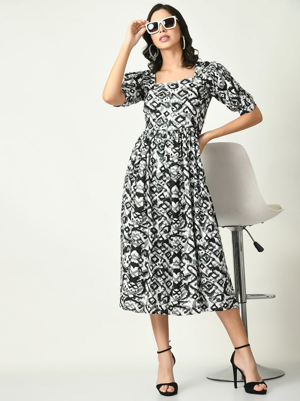 Women's Black Printed Midi Dress - Noz2Toz