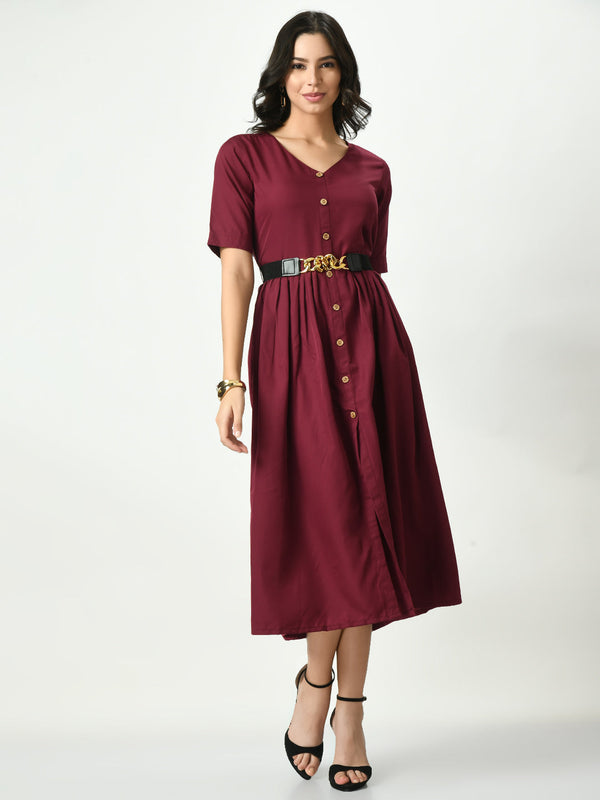 Women's Burgundy Stylish Midi Dress For - Noz2Toz