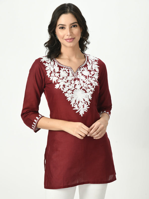 Women's Maroon Embroidered Short Kurti - Noz2Toz