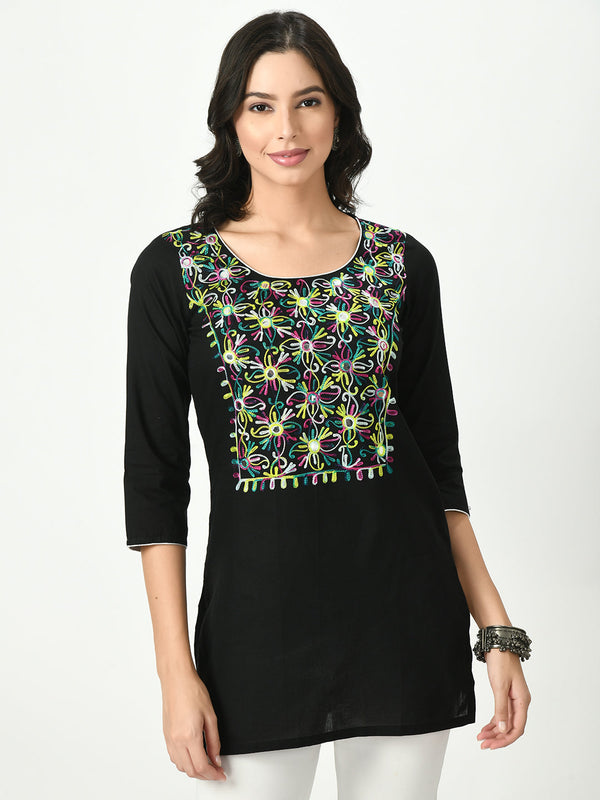 Women's Black Embroidered Short Kurti - Noz2Toz