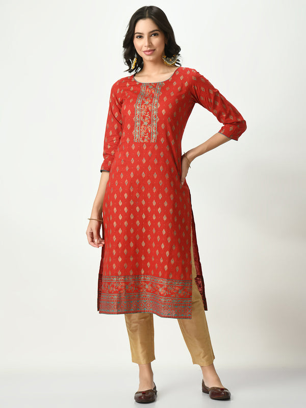 Women's Red Screen Printed Kurta - Noz2Toz