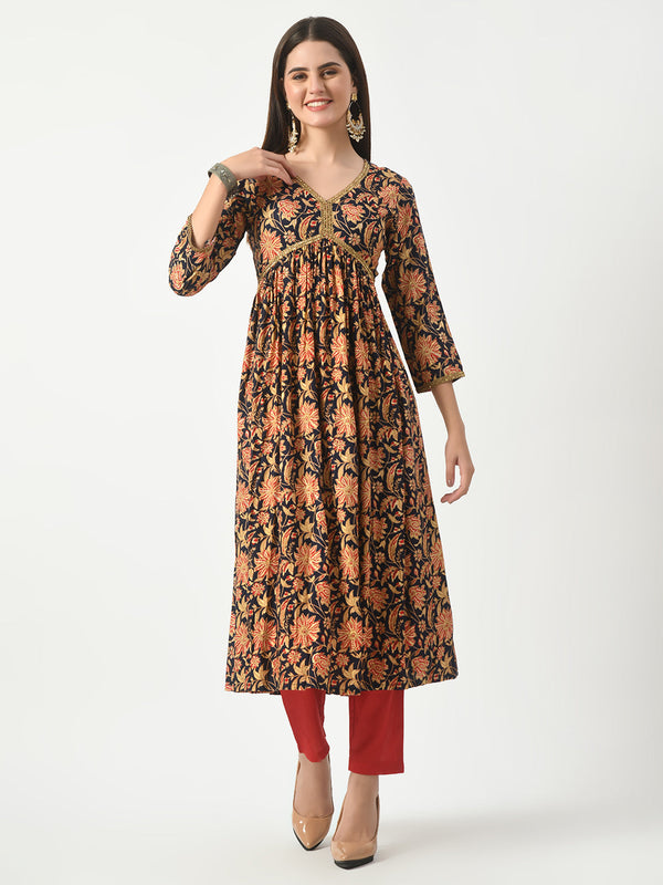 Women's Blue Floral Printed Alia cut Kurta With Pant - Taantav