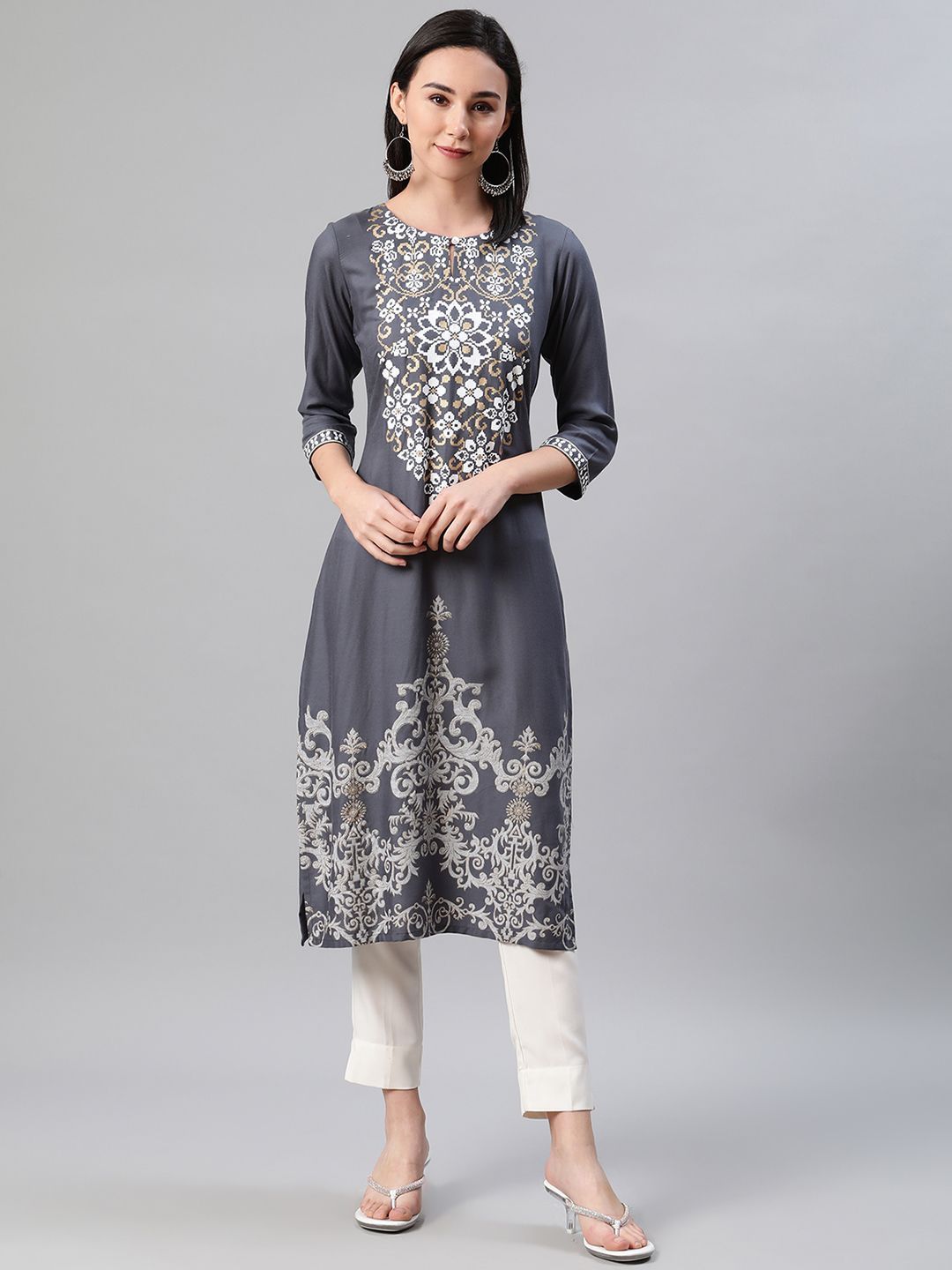 Women Grey Kurta And Pant Set by Ziyaa (2 Pc Set)