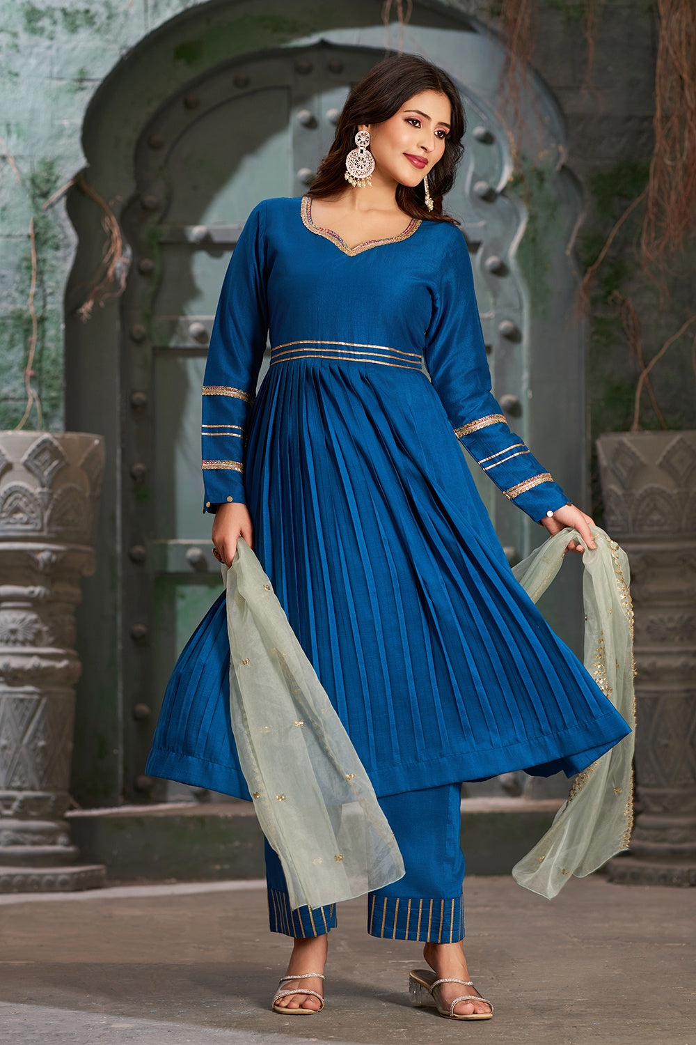 Women's Powder Blue Art Silk Flared Anarkali Kurta Set With Trouser And Dupatta - Curvy Lane