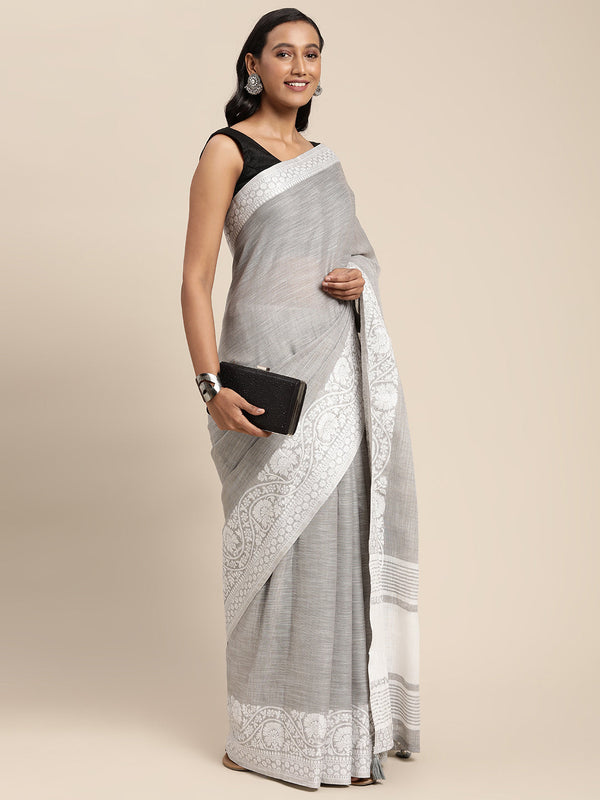 Women's Grey Linen Woven Zari Work Traditional Tassle Saree - Sangam Prints