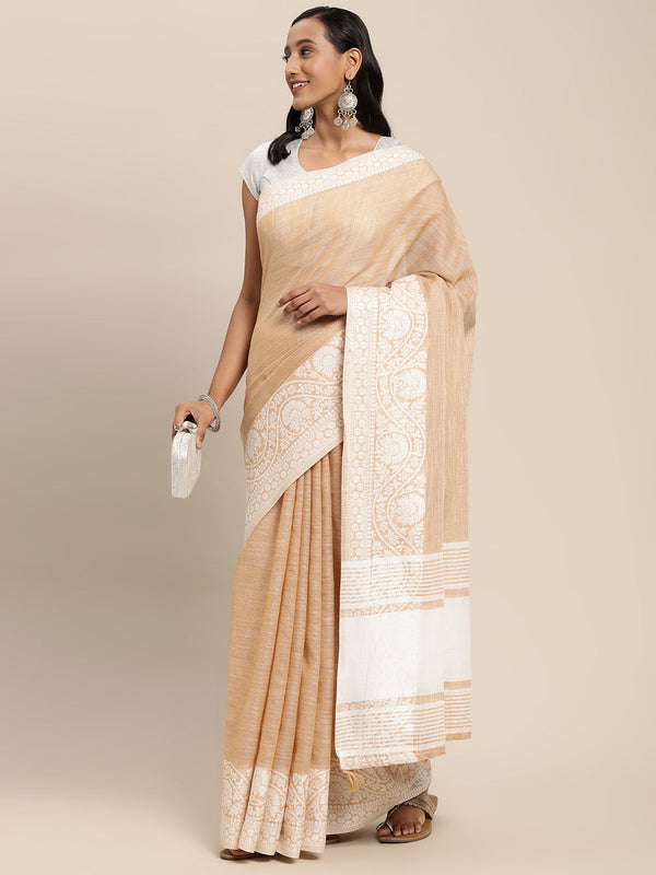 Women's Light Yellow Linen Woven Zari Work Traditional Tassle Saree - Sangam Prints