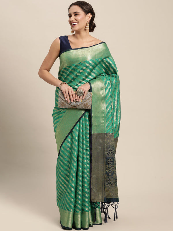 Women's Green Silk Woven Zari Work Traditional Tassle Saree - Sangam Prints