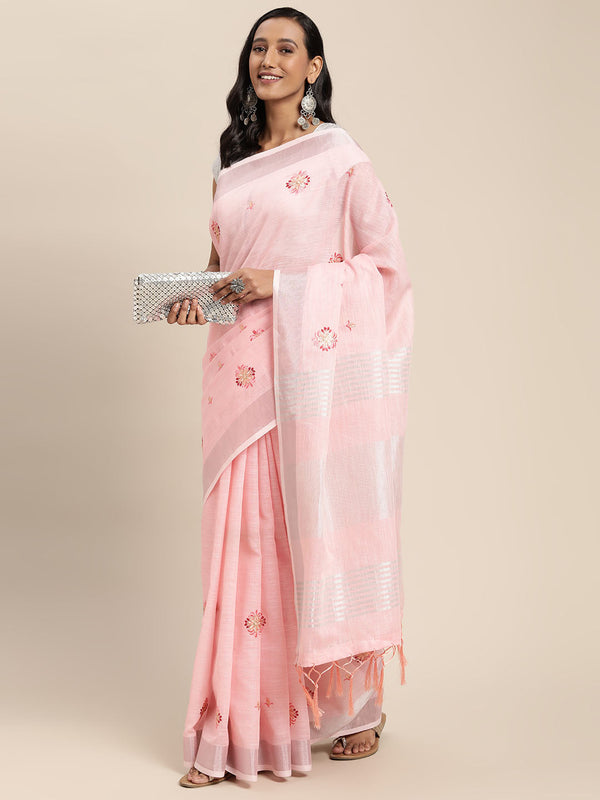 Women's Pink Linen Woven Zari Work Traditional Tassle Saree - Sangam Prints