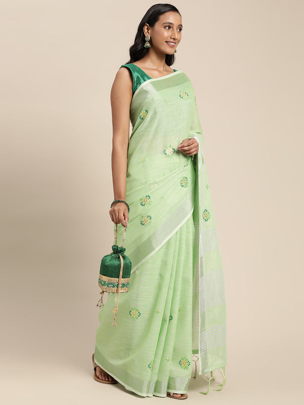 Women's Green Linen Woven Zari Work Traditional Tassle Saree - Sangam Prints