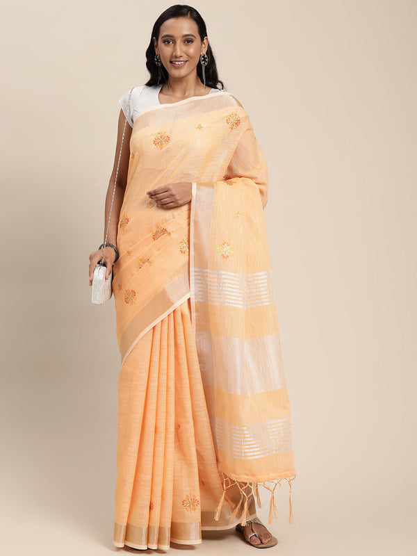 Women's Orange Linen Woven Zari Work Traditional Tassle Saree - Sangam Prints