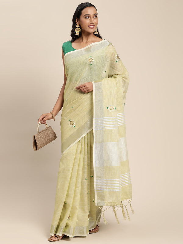 Women's Olive Green Linen Woven Zari Work Traditional Tassle Saree - Sangam Prints