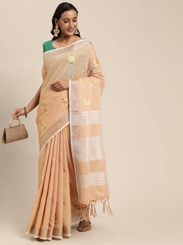 Women's Peach Linen Woven Zari Work Traditional Tassle Saree - Sangam Prints