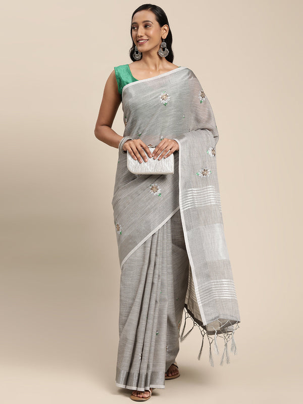 Women's Grey Linen Woven Zari Work Traditional Tassle Saree - Sangam Prints