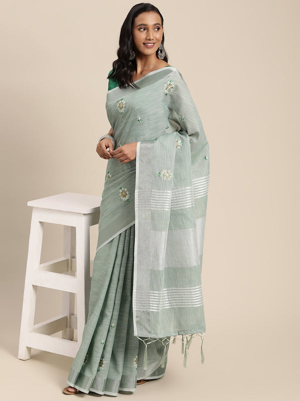 Women's Sea Green Linen Woven Zari Work Traditional Tassle Saree - Sangam Prints