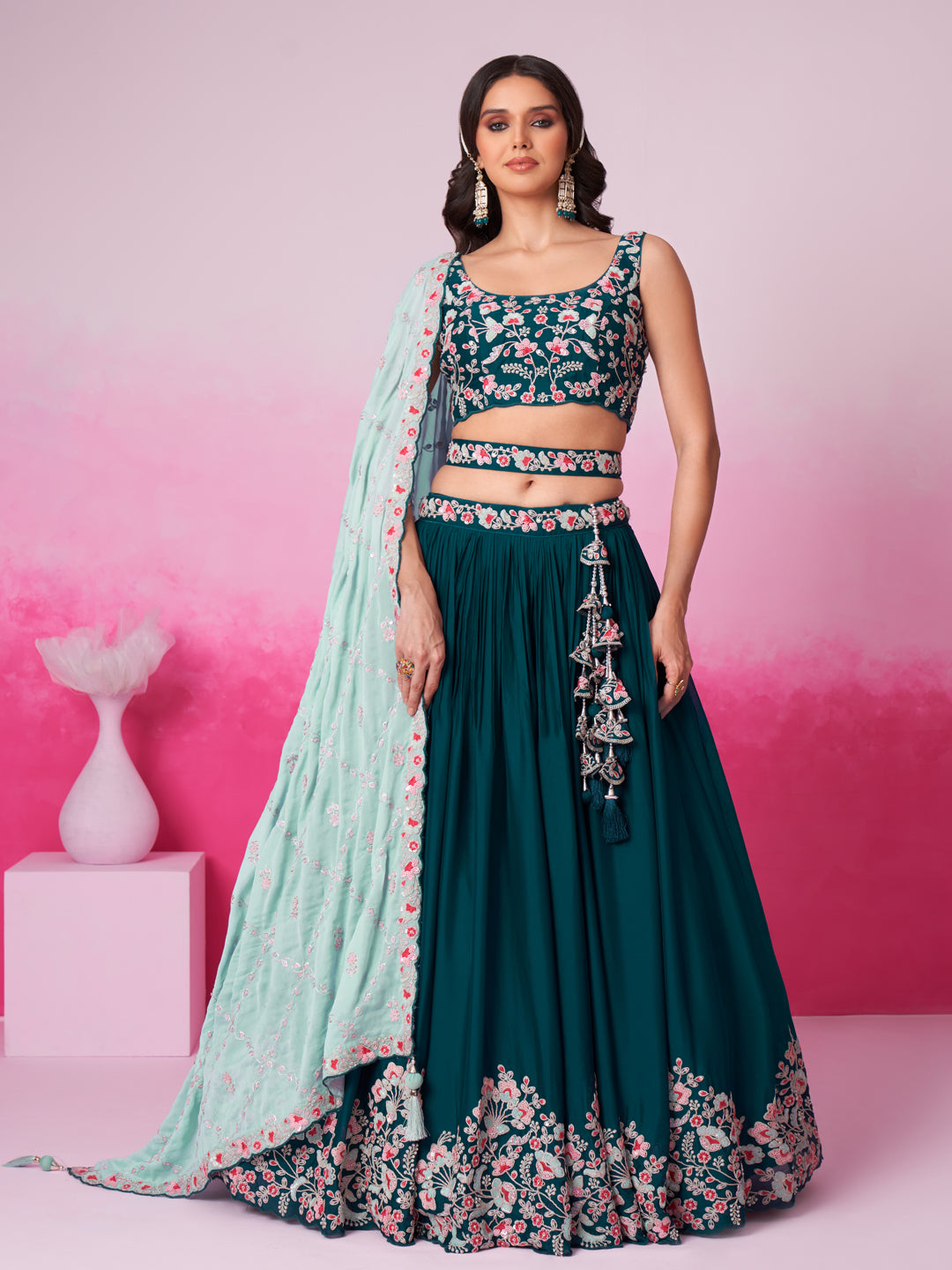 Women's Teal Pure Georgette Sequin Embroidery Lehenga Choli & Dupatta - Royal Dwells