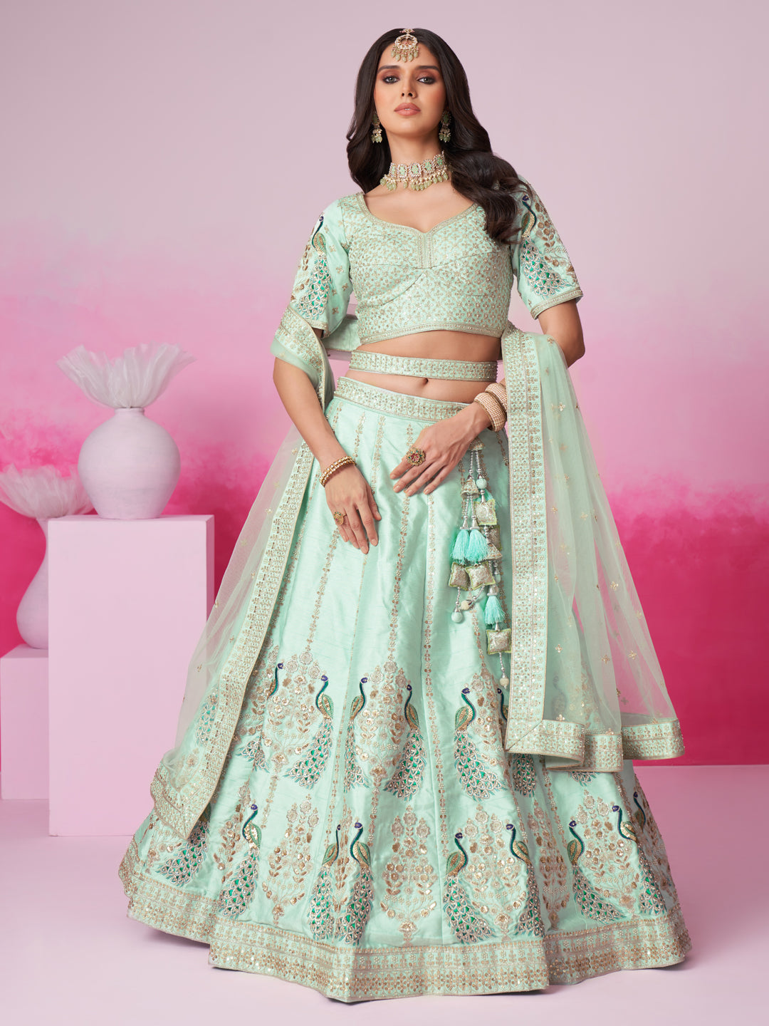 Women's Sea Green Pure Silk Sequins Embroidery Bridal Lehenga Choli & Dupatta - Royal Dwells