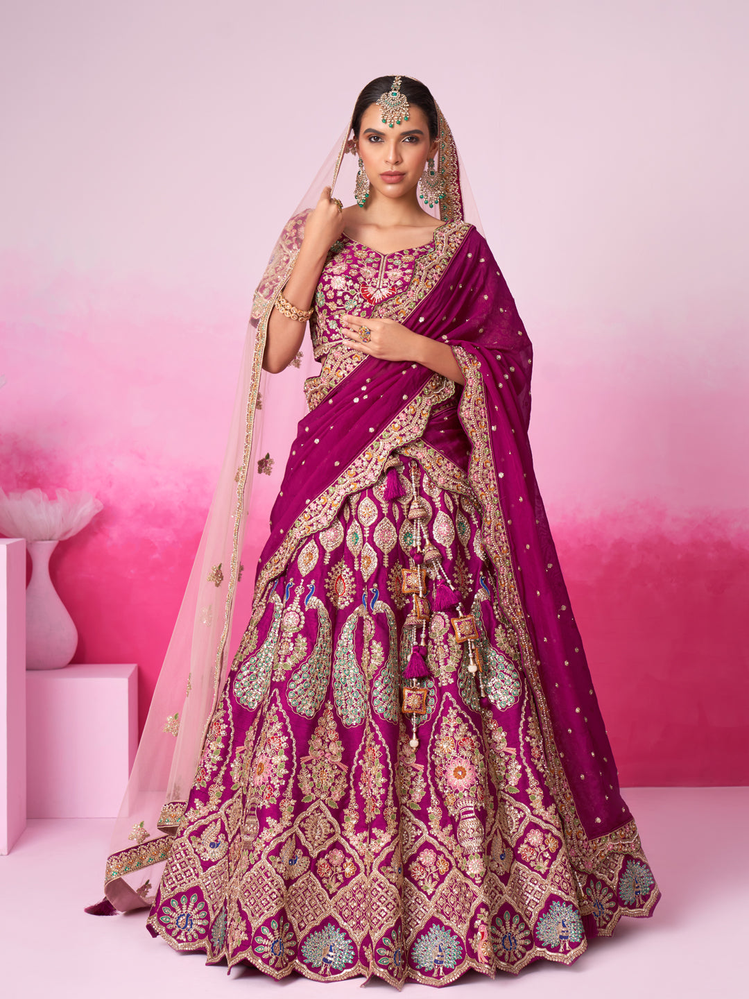 Women's Burgundy Pure Silk Moti Sequins Embroidery Bridal Lehenga Choli & Dupatta - Royal Dwells