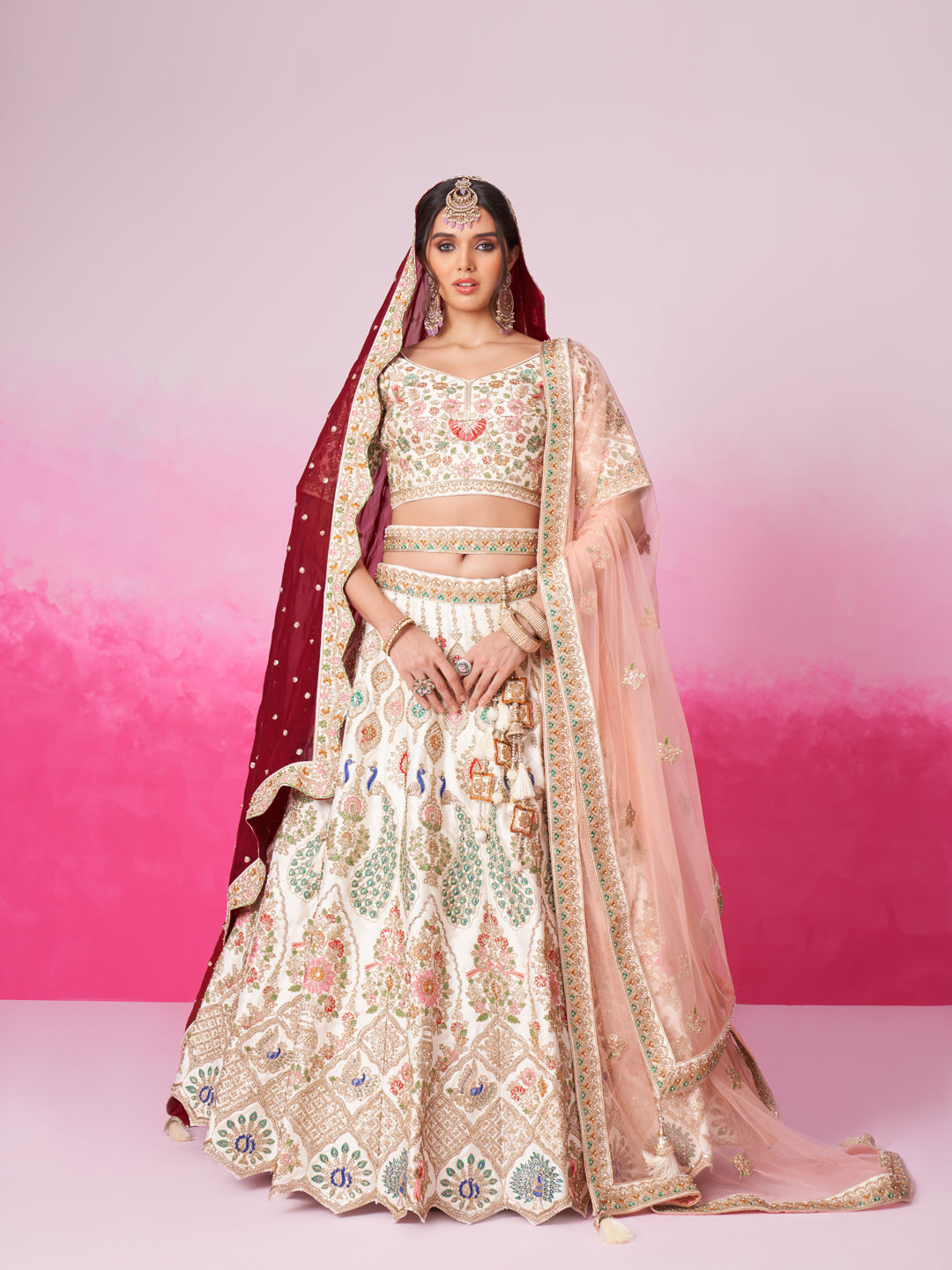 Women's Cream Pure Silk Moti Sequins Embroidery Bridal Lehenga Choli & Dupatta - Royal Dwells