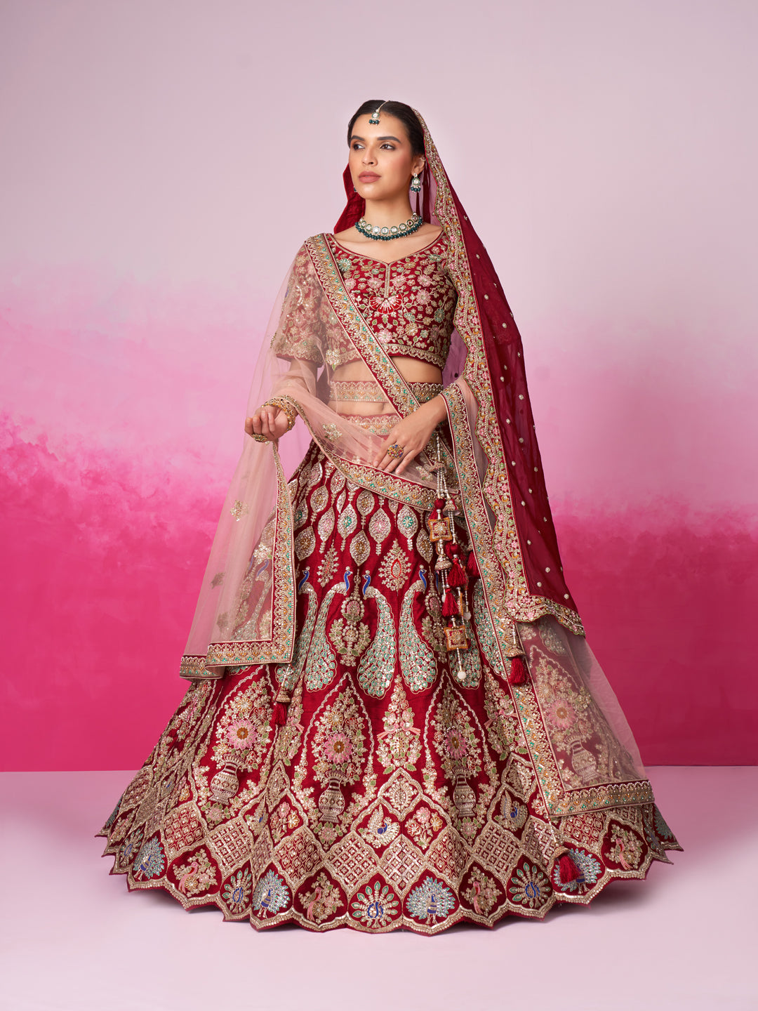 Women's Red Pure Silk Moti Sequins Embroidery Bridal Lehenga Choli & Dupatta - Royal Dwells