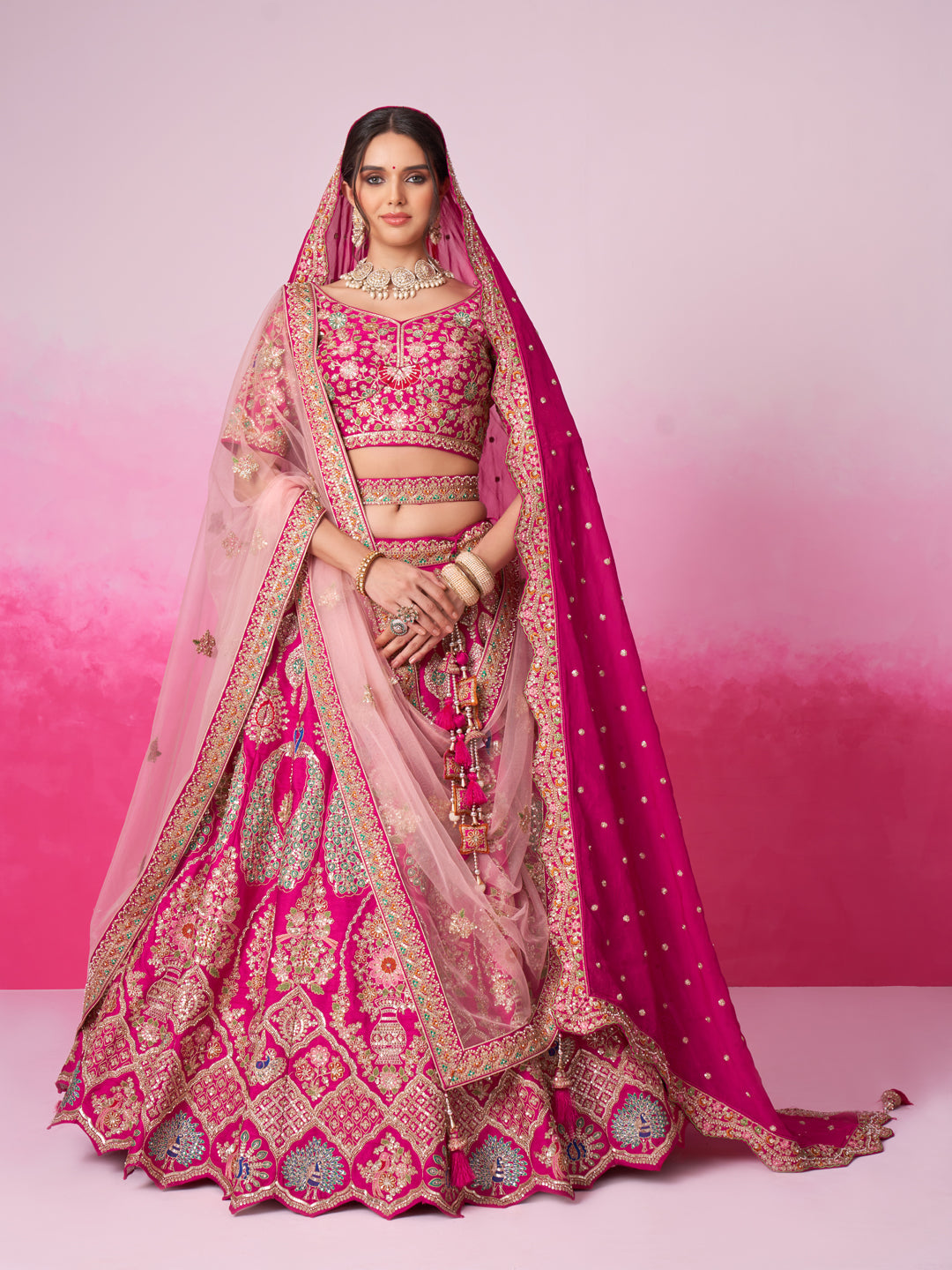 Women's Pink Pure Silk Moti Sequins Embroidery Bridal Lehenga Choli & Dupatta - Royal Dwells