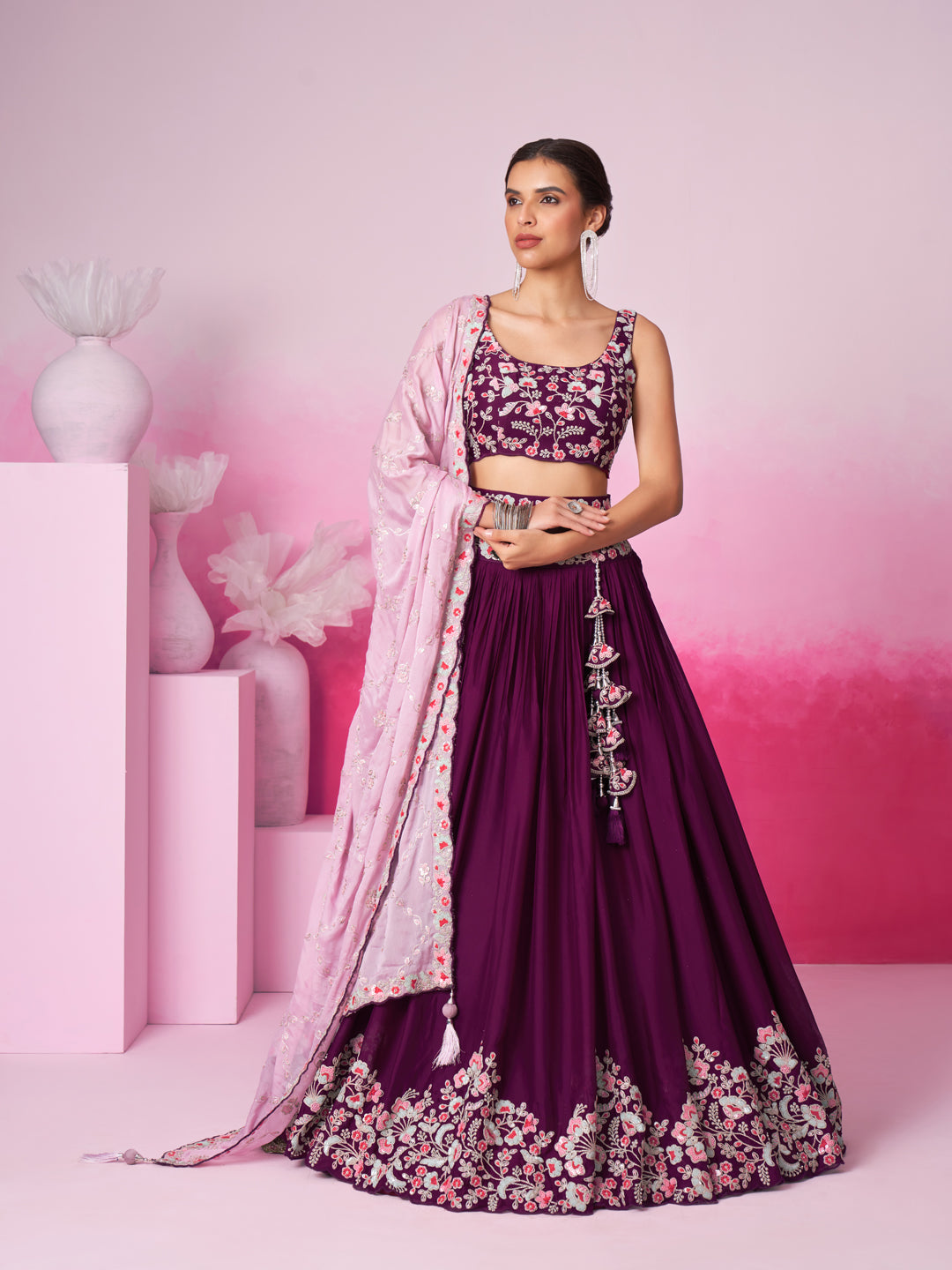 Women's Burgundy Pure Georgette Sequin Embroidery Lehenga Choli & Dupatta - Royal Dwells