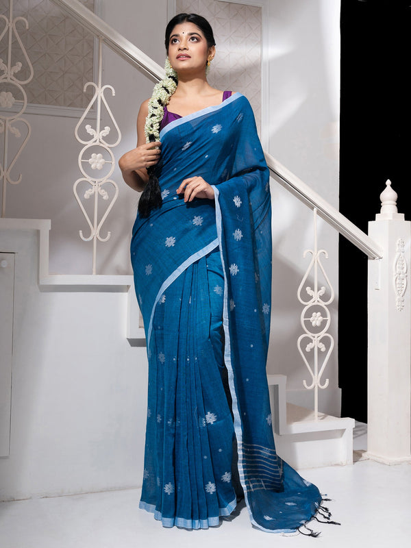 Women's Sapphire Blue Cotton Handloom Saree With White Flower Butta - In Weave Sarees