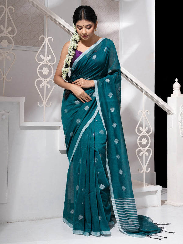 Women's Teal Green Cotton Handloom Saree With White Flower Butta - In Weave Sarees