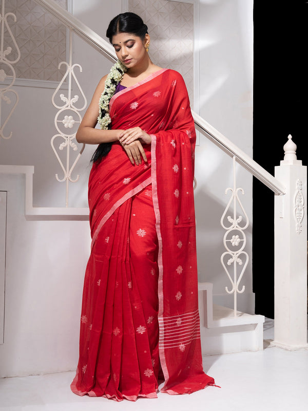 Women's Red Cotton Handloom Saree With White Flower Butta - In Weave Sarees