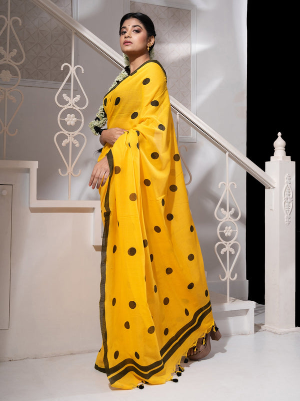 Women's Yellow Cotton Saree With All Over Black Polka Dots - In Weave Sarees