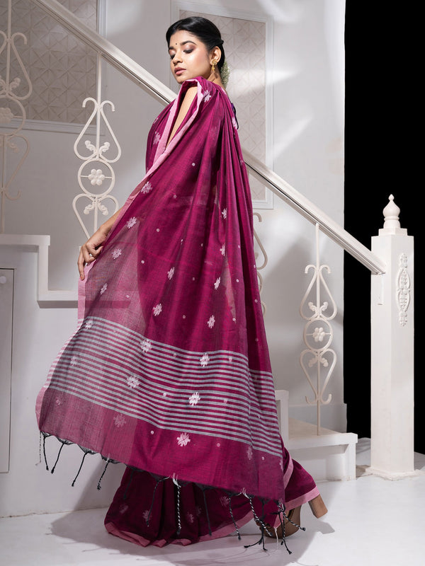 Women's Magenta Cotton Handloom Saree With White Flower Butta - In Weave Sarees